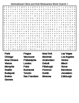 International Cities and Their Nicknames Crossword and Word Search