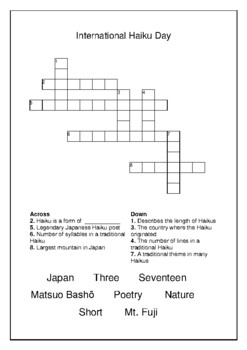 International Haiku Day April 17th Crossword Puzzle Word Search Bell Ringer