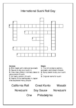 International Sushi Day June 18th Crossword Puzzle Word Search Bell Ringer