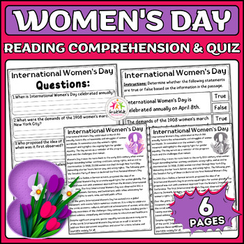 Preview of International Women's Day 8 March Reading Passage & Quiz | Women's History Month