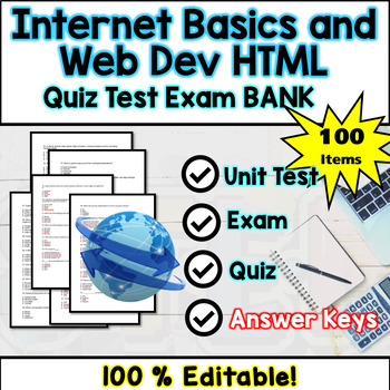 Preview of Internet Basics and Web Development HTML Exam Bank - Test  Quiz Editable