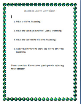 Preview of Internet Search Worksheet (Global Warming)