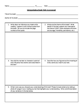 Preview of Interpretation Book Clubs Reading Assessment & Rubric