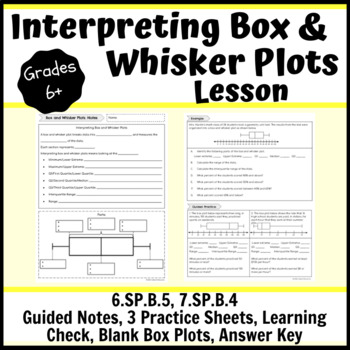 Preview of Interpreting Box and Whisker Plots Lesson- Notes, Practice, Learning Check