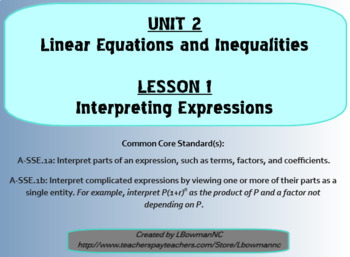 Preview of Interpreting Expressions (Math 1)