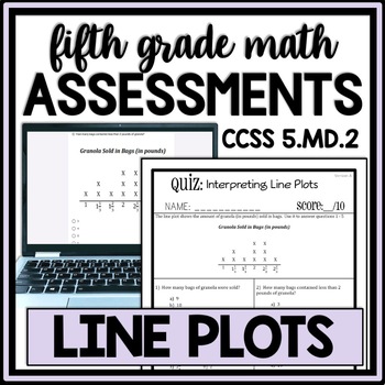 Preview of 5th Grade Line Plots with Fractions Quizzes, Measurement Assessment Worksheets
