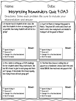 Division Interpreting Remainders Practice Sheets & Quiz COMMON CORE 4.OA.3