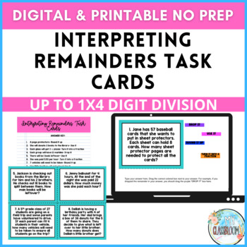 Preview of Interpreting Remainders Task Cards Division Word Problems