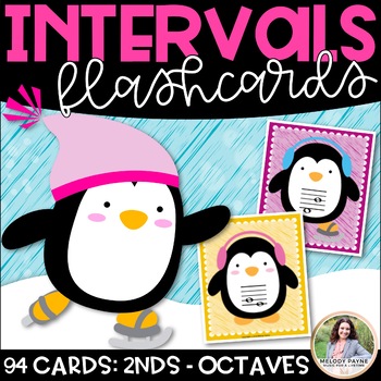 Preview of Intervals Flash Cards for Piano Lessons 2nds to Octaves Winter Penguins