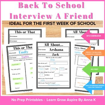 Printable interview a friend worksheets and activities for elementary kids. This images leads to Learn Grow Aspire Teachers Pay Teachers storefront. 