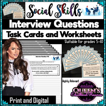 Preview of Social Skills - Job Interview Questions Task Cards and Worksheets