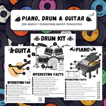 Preview of Intro Worksheets for Piano, Guitar & Drums | Printable Music Activities