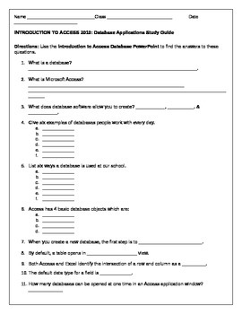 Preview of Intro to Access Study Guide and Answer Key