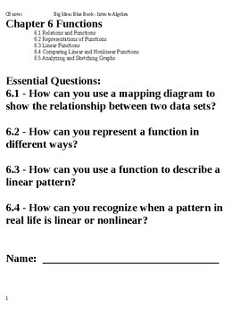 Preview of Intro to Algebra: Big Ideas Blue Book Chapter 6 - Algebra Functions