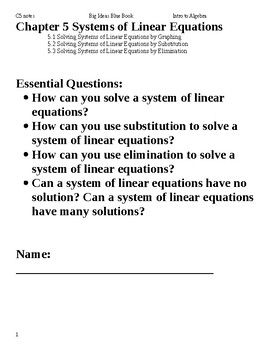 Preview of Intro to Algebra: Big Ideas Blue Book Chapter 5 - Systems of Linear Equations