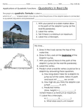 Preview of Intro to Applications of Quadratic Functions- A Dolphin Jump