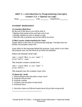 Preview of Intro to CS — Lesson 5.2: Syntax vs Logic (Debugging Basics | Python Lite)