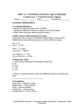 Intro to CS — Lesson 6.2: Common Data Types (Python Basics) by Mr. H Codes