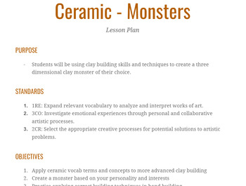 Preview of Intro to Ceramics: Clay Monsters Lesson Plan and Notes Handouts