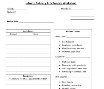 Preview of Intro to Culinary Arts Pre-Lab Worksheet