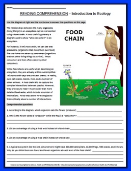 Preview of Intro to Ecology Reading Comprehension Worksheet