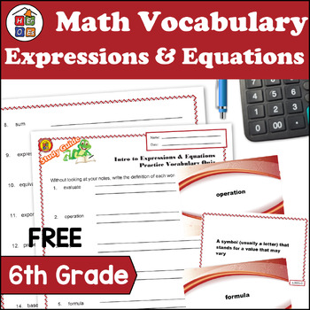 Preview of Intro to Expressions & Equations Vocabulary Study Guide Flash Cards and Quizzes