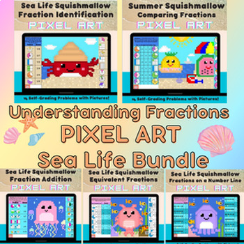 Preview of Intro to Fractions Sea Life Math Squishmallow Pixel Art Bundle