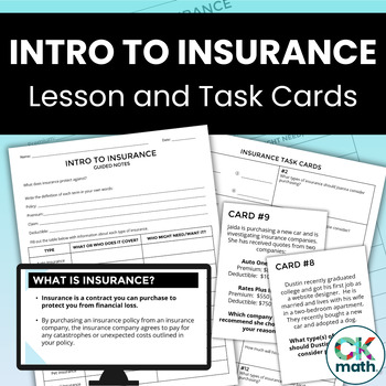 Preview of Intro to Insurance - Financial Literacy Lesson and Practice Task Cards Activity