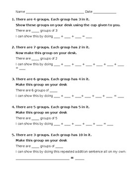 Preview of Intro to Multiplication Worksheet for with manipulatives