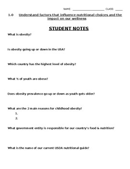 Preview of Intro to Nutrition - Student Guided Notes