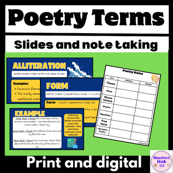 Preview of Intro to Poetry terms, notes with definitions and examples, Slides, worksheet
