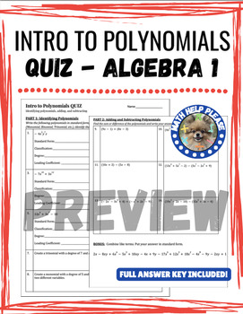 Preview of Intro to Polynomials QUIZ - Algebra 1 - Classifying, Adding, Subtracting