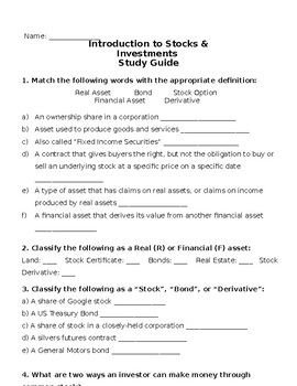 Preview of Intro to Stocks & Investments Unit Worksheet