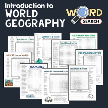 Preview of Intro to World Geography Word Search Puzzle Bundle, Landmarks, Mountains, Rivers