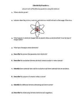 Preview of Intro to electricity worksheet