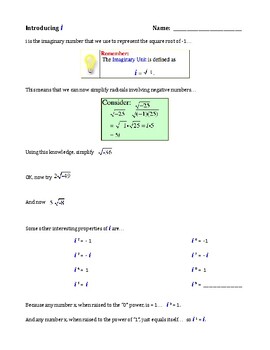 Preview of Introducing Imaginary Numbers Worksheet