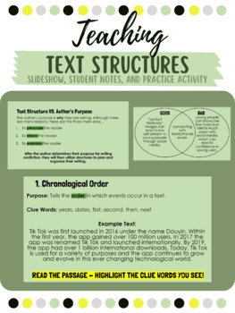 Preview of Introducing Text Structures Slideshow, Student Notes, and Practice Activity