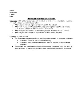 Preview of Introduction Letter to Teachers Assignment - Beginning of the Year