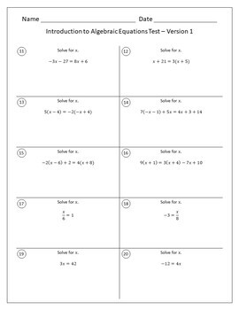 Introduction to Algebraic Equations Tests - Algebra 1 Editable Assessments