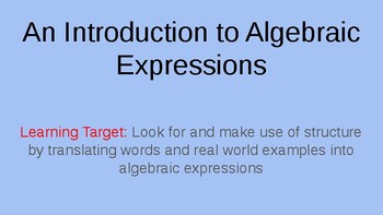 Preview of Introduction to Algebraic Expressions Power Point