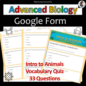 Preview of Introduction to Animals |Vocabulary Quiz| Google Form | Advanced Biology