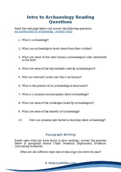 Preview of Introduction to Archaeology Reading Questions Worksheet