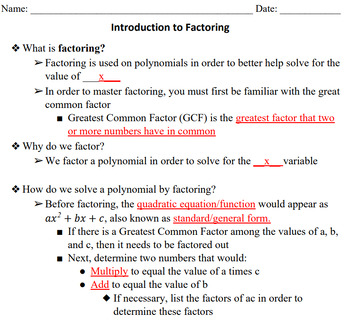 Preview of Introduction to Factoring Quadratics Bundle