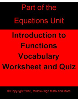 Preview of Introduction to Functions Vocabulary Worksheet and Quiz (plus answer keys)