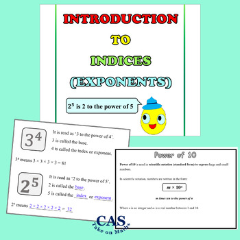 Preview of Introduction to Indices (Exponents) Notes and Worksheets