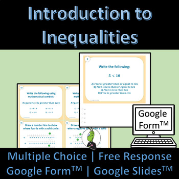 Preview of Writing and Graphing Inequalities Algebra 1 Task Cards Google Form and Slides