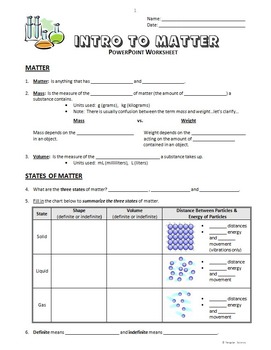 Introduction to Matter - PowerPoint Worksheet Editable by Tangstar