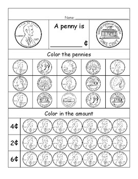 Introduction to Money Worksheets (Penny Nickel Dime Quarter) TPT