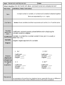 Preview of Introduction to Monomials and Polynomials in Cornell Style Notes