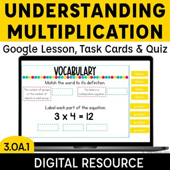 Preview of Introduction to Multiplication Digital Lesson Task Cards & Quiz - 3.OA.1